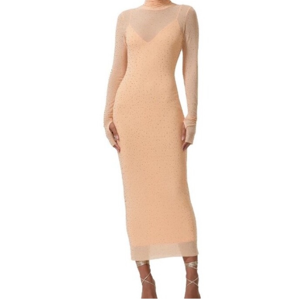 AFRM Nude Peach Sheer Long Sleeve Midi Dress